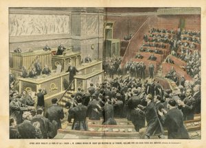 Illustratie van Eugene Damblans (1865-1945) in Le Pelerin, 06/11/04 - Na het beledigen van de paus en het kruis, beledigde M. Combes M. Ribot die van het podium afdaalde, toegejuicht door tweederde van de afgevaardigden - Kamer van Afgevaardigden, Gevechte door Eugene Damblans