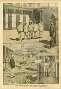 Illustratie van Eugene Damblans (1865-1945) in Le Pelerin, 07/05/05 - Enkele scènes uit het leven van de bagne - Gevangenissen, Bagnes, Werken - Gevangenen, Gevangenisbewakers door Eugene Damblans