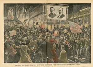 Illustratie van Eugene Damblans (1865-1945) in Le Pelerin, 20/11/04 - In New York juicht de menigte de herkozen president van de Verenigde Staten en de vice-president toe, wiens transparant de kenmerken weergeeft - Amerika, Verkiezingen, Architectuur