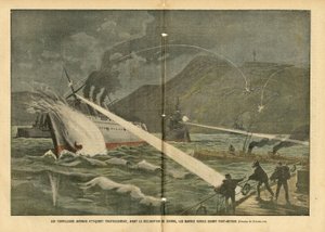 Illustratie van Eugene Damblans (1865-1945) in Le Pelerin, 21/02/04 - Japanse torpedo-aanval op Russische schepen voor de oorlogsverklaring - Rusland, Japan, Maritiem Marine Kust, Port Arthur, Russisch-Japanse Oorlog, Oorlogsschepen door Eugene Damblans