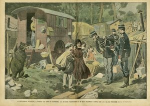 Illustratie van Eugene Damblans (1865-1945) in Le Pelerin, 21/04/07 - De gendarmerie zoekt, door de kampen van zigeuners, daders van recente aanvallen en overvallen in de Parijse voorsteden - Diverse feiten, Kindertijd, Politie, Ellende, Onveiligheid