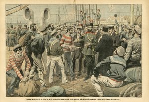 Illustratie van Eugene Damblans (1865-1945) in Le Pelerin, 23/07/05 - De opstandige matrozen van het Russische slagschip Kniaz-Potemkin geven zich over aan de Roemeense autoriteiten in Constanța - Rusland, Maritieme Marine Kust, Roemenië, Revolutie van 190 door Eugene Damblans