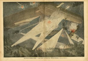 Illustratie van Eugene Damblans (1865-1945) in Le Pelerin, 24/11/07 - Een episode van toekomstige oorlogen - Hoe zullen de gevechten zijn in de tijd van de luchtschepen - Oorlog, Ballonnen luchtschepen zeppelins aerostation, Nachtelijk, Gevechten door Eugene Damblans