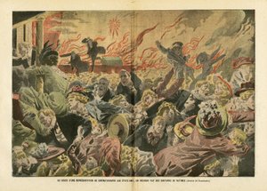 Illustratie van Eugene Damblans (1865-1945) in Le Pelerin, 26/01/08 - Tijdens een filmvoorstelling in de Verenigde Staten kwamen honderden slachtoffers om in een brand