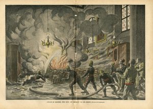 Illustratie van Eugene Damblans (1865-1945) in Le Pelerin, 26/06/04 - De kerk van Suresnes, nabij Parijs, wordt verbrand door de Apachen - Diverse feiten, Religie Geloof, Onveiligheid, Kathedraal Kerken, Brand, Suresnes, Katholiek Katholicisme - Apachen door Eugene Damblans