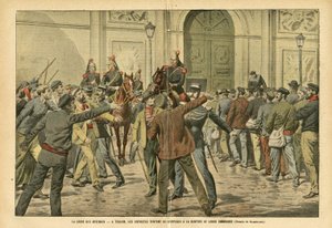 Illustratie van Eugene Damblans (1865-1945) in Le Pelerin, 26/11/05 - De staking van de arsenalen in Toulon, de stakers proberen de huur van hun kameraden tegen te houden - Sociaal, Staking, Architectuur, Maritiem, Toulon, Arsenal door Eugene Damblans