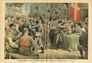 Illustratie van Eugene Damblans (1865-1945) in Le Pelerin, 27/08/05 - De Noorse verkiezingen, te midden van populaire enthousiasme, bekrachtigen de breuk van het uniepact met Zweden - Verkiezingen, Stedelijke Architectuur, Menigte, Zweden, Noorwegen - Urn door Eugene Damblans