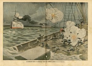 Illustratie van Eugene Damblans (1865-1945) in Le Pelerin, 28/02/04 - De Russische kruisers van Vladivostok zinken een Japans transport - Leger, Maritieme Marine Kust, Russisch-Japanse Oorlog, Oorlogsschepen, Vladivostok - Zeelieden, zeelieden door Eugene Damblans