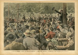 Illustratie van Eugene Damblans (1865-1945) in Le Pelerin, 30/06/07 - De menigte van Narbonnais juicht voor Montpellier M. Ferroul wiens arrestatie bloedige dagen veroorzaakte - Sociaal, Wijn, Wijncrisis Wijnboer Revolte, Narbonne - Ferroul Ernest (1853-19 door Eugene Damblans