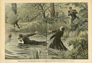 Illustratie van Eugene Damblans (1865-1945) in Le Pelerin, 30/07/05 - In Riaucourt (Haute-Marne) sterven twee priesters als slachtoffers van hun toewijding terwijl ze proberen een verdronken kind te redden - Diverse feiten, Kindertijd, Maritiem, Rivier door Eugene Damblans