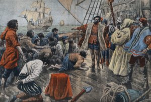 Illustratie van de bemanning van Ferdinand Magellaan die hun trouw aan hem zweren na een mislukte muiterij.