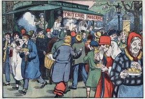 In Parijs, een straatverkoper van friet, aangemoedigd door de regering, reist door de verschillende wijken om de bevolking aan te moedigen vis te eten. Illustratie van Damblans. In 