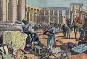 Jean Francois Champollion (1790-1832), een Franse egyptoloog, bestudeert een inscriptie tussen de zuilengalerijen van Thebe. Gravure uit 1923. Tekening van Damblans. door Eugene Damblans