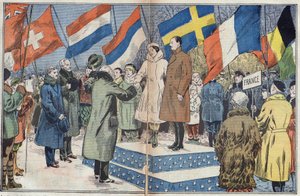 Olympische Winterspelen (1932) - sluitingsceremonie: de Franse schaatsers M. en mevrouw Brunet Joly (Brunet-Joly), Olympisch kampioenen, worden gefeliciteerd door de jury. Lake Placid, VS. Illustratie van Damblans. In 
