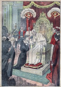Heilige Theresia van het Kind Jezus (of Lisieux 1873-1897) nog een jong meisje aan de voeten van Paus Leo XIII, ze kreeg toestemming om op vijftienjarige leeftijd in 1888 het Karmelietenklooster binnen te gaan - illustratie van Damblans van 1923 door Eugene Damblans