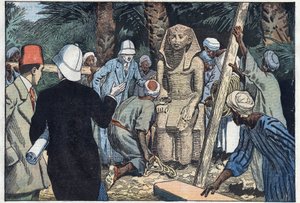 De Franse archeologische missie ontdekt een standbeeld van Sesostris III als tiener dat naar het Louvre zal worden gebracht. Medamoud, oud Thebe, Egypte. Illustratie van Damblans. In 