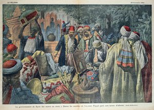 De verkoop door de Syrische regering van de goederen van de Emir Faisal (1883-1923) in Damascus, illustratie uit 