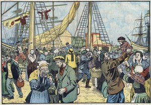 De terugkeer van de kabeljauw naar Saint-Malo: de Terres-Neuvas waren aan het vissen en herenigd met hun families. Illustratie van Damblans. In 