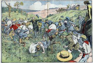 De diamantenrace (Zuid-Afrika): een race georganiseerd om te beslissen wie de diamanten percelen het dichtst bij de afzetting zal bezetten. Illustratie van Damblans in 