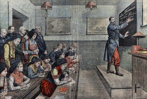 De eerste klas in het Frans in Elzas is heroverd. Illustratie van Damblans. In "Le Pelerin" van 1914. door Eugene Damblans
