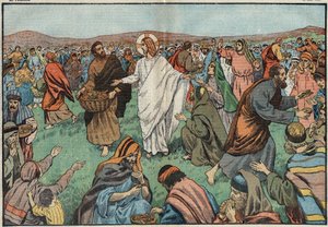 De vermenigvuldiging van broden: aan de oevers van het Meer van Tiberias, Jezus Christus (Jezus Christus) verzadigde de bevolking door vijf gerstebroden en twee vissen te vermenigvuldigen. Illustratie van Damblans. In "Le Pèlerin" van 18 maart
