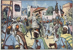 De nieuwe sultan van Marokko, Moulay Mohammed, maakt zijn intrede in de stad Rabat. Illustratie van Damblans. In 