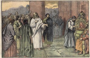 Het offer van de weduwe. Evangelie volgens Marcus, hoofdstuk 12, v. 41-44. Illustratie van Damblans. In 