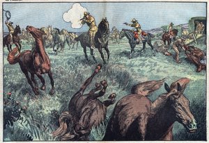 Wilde paarden worden afgeslacht in de Verenigde Staten. Illustratie van Damblans. In 