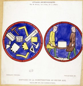 Geschiedenis van de bouw in de Middeleeuwen: Facsimile van 13e-eeuwse glas-in-loodramen, in de Kathedraal van Chartres - Getekend door Eugene Viollet-le-Duc (Viollet le Duc) (1814-1879) en met verschillende maçonnieke symbolen