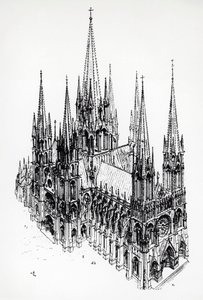 Isometrisch uitzicht van ideale kathedraal, tekening door Eugene Emmanuel Viollet-le-Duc (1814-1879) uit Woordenboek van Franse Architectuur van de 11e tot de 16e Eeuw door Eugene Emmanuel Viollet le Duc