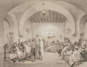 Cafe du Divan, Algiers, uit een volume ter herdenking van het Franse expeditieleger dat Algiers in 1830 veroverde, gegraveerd door Adolphe Jean-Baptiste Bayot