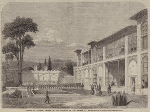 Parade van Perzische Troepen in de Tuinen van het Paleis in Shiraz door Eugene Flandin
