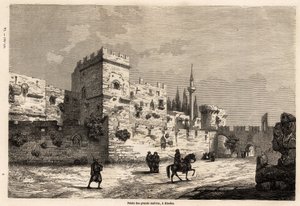 Het paleis van de grote meesters in Rhodos, tekening door Eugene Flandin, ter illustratie van zijn reis naar het eiland Rhodos in 1844. Gravure in "Le tour du monde", uitgegeven door Edouard Charton door Eugene Flandin