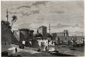 Het uitzicht op de haven van Rhodos en de poort van Aubusson, tekening door Eugene Flandin, ter illustratie van zijn reis naar het eiland Rhodos in 1844. Gravure in 