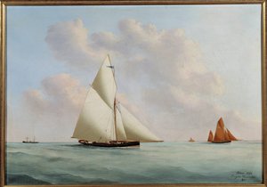 Yacht Sylphe in regatta, schilderij door Eugene Margueritte-Grandin (1833-1916)
