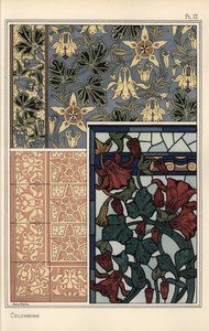 Akelei, Aquilegia vulgaris, bloem in patronen voor behang, glas-in-lood en tegels door Eugene Grasset