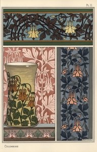 Akelei bloem, Aquilegia vulgaris, in patronen voor behang, stof en vaas door Eugene Grasset