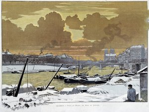 Le pont de Sully, in Parijs bedekt met sneeuw, een avond in januari 1886 - door Grasset