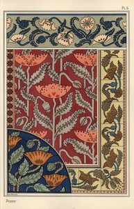 De papaver, Papaver somniferum, in glas-in-lood, behang, stof en tegelpatronen. Lithografie door Marc Mangin door Eugene Grasset