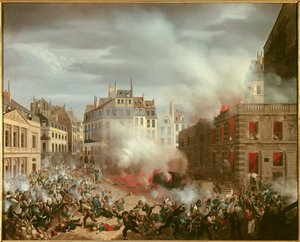 Revolutie van 1848: Brand van de watertoren op het plein van het koninklijk paleis op 24 februari 1848 door Eugene Hagnauer