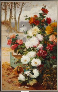 Chrysanten in een ommuurde tuin