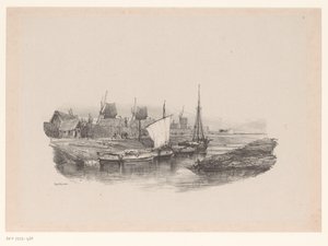 Haven met boten en windmolens door Eugene Isabey