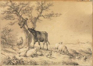 Landschap met Dieren en Jongen in Boom
