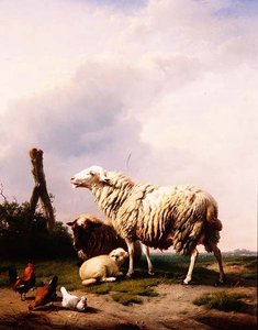 Schapen en pluimvee in een landschap door Eugene Joseph Verboeckhoven