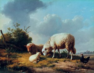 Schapen en pluimvee in een landschap, 19e eeuw