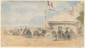 Strandhuis met vlaggen in Trouville, ca. 1865 door Eugene Louis Boudin