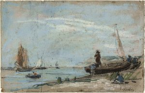 Strand met Vissersboten en houtskool door Eugene Louis Boudin