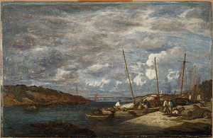 Vissersboten aan de kade, Douarnenez, 1855 door Eugene Louis Boudin