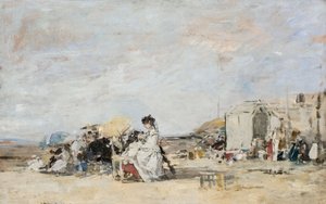 Dame in het wit op het strand van Trouville door Eugene Louis Boudin