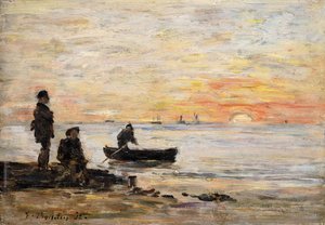 Laag tij - Kust en vissers bij zonsondergang door Eugene Louis Boudin